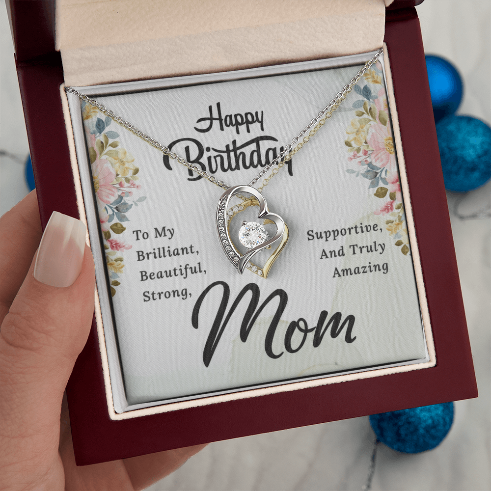 Mom Birthday Necklace – Forever Love Heart Pendant with Message Card (White Gold or 18k Gold)
