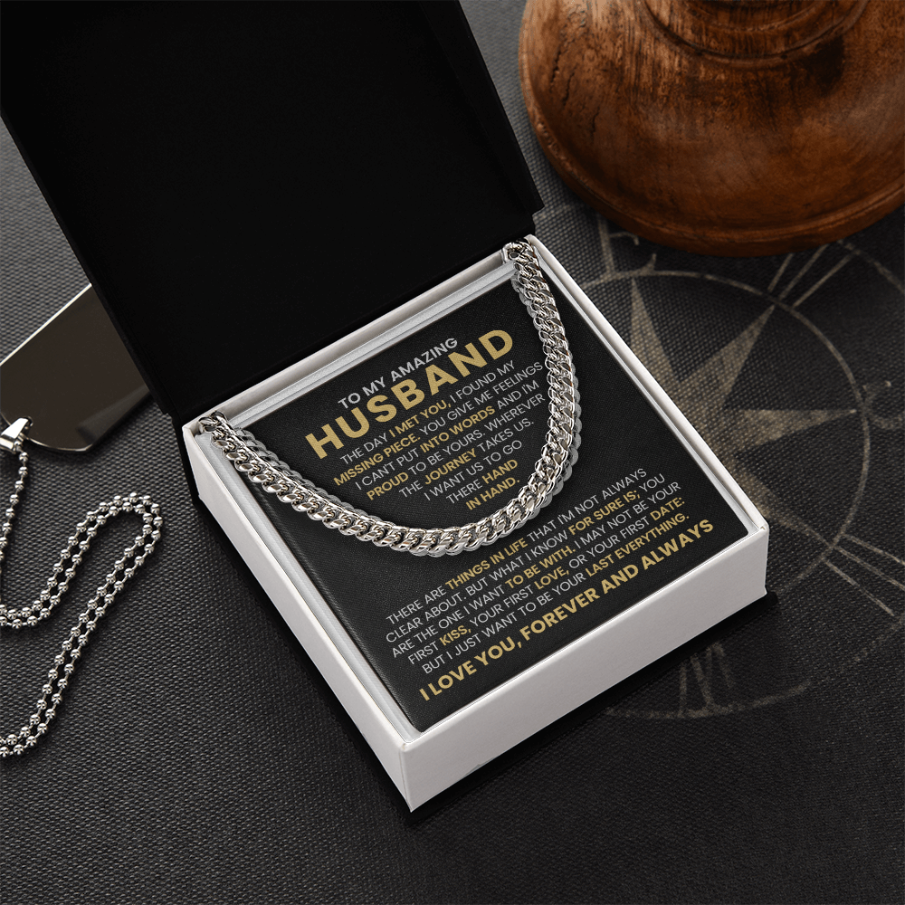 Husband Gift – Cuban Link Chain with “To My Amazing Husband” Message Card (Stainless Steel or 14k Gold)