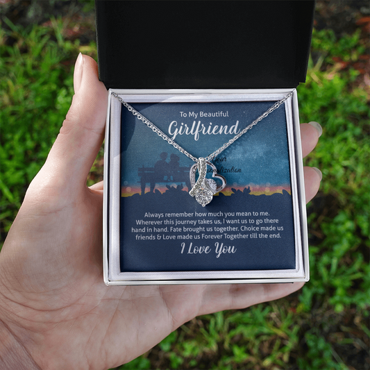 Girlfriend Gift – Alluring Beauty Ribbon Necklace with “To My Beautiful Girlfriend” Message Card (White Gold or 18k Gold)