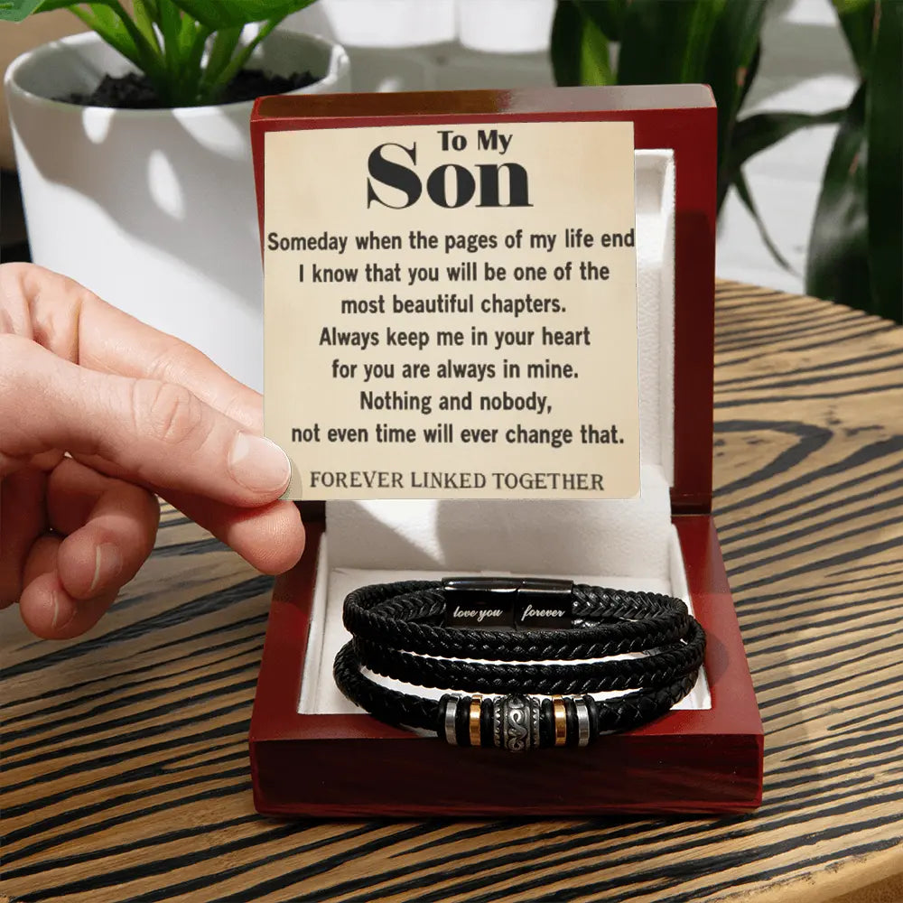 To My Son – “Forever Linked Together” Men's ‘Love You Forever' Bracelet (Stainless Steel & Vegan Leather) ShineOn Fulfillment