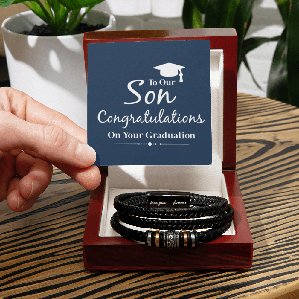 To Our Son—Graduation “Love You Forever” Bracelet | Engraved Stainless Steel & Vegan Leather