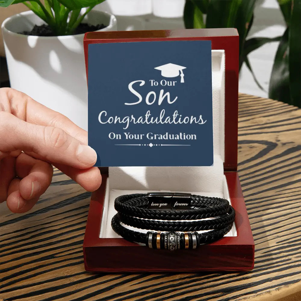 To Our Son—Graduation “Love You Forever” Bracelet | Engraved Stainless Steel & Vegan Leather ShineOn Fulfillment