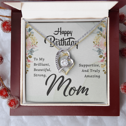 Mom Birthday Necklace – Forever Love Heart Pendant with Message Card (White Gold or 18k Gold)