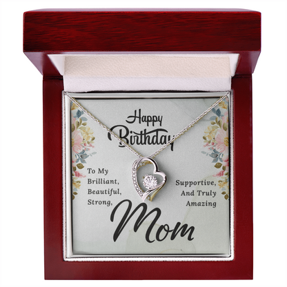 Mom Birthday Necklace – Forever Love Heart Pendant with Message Card (White Gold or 18k Gold)