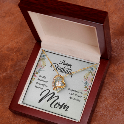 Mom Birthday Necklace – Forever Love Heart Pendant with Message Card (White Gold or 18k Gold)