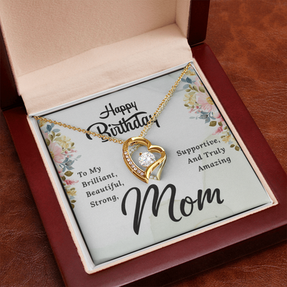 Mom Birthday Necklace – Forever Love Heart Pendant with Message Card (White Gold or 18k Gold)