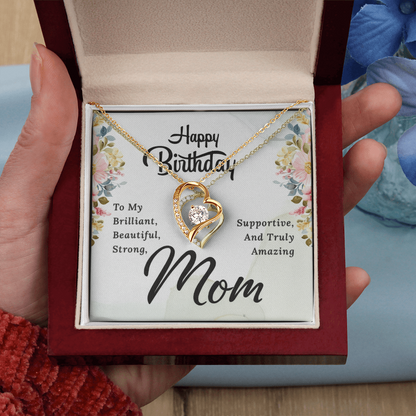 Mom Birthday Necklace – Forever Love Heart Pendant with Message Card (White Gold or 18k Gold)