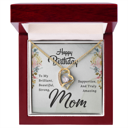 Mom Birthday Necklace – Forever Love Heart Pendant with Message Card (White Gold or 18k Gold)