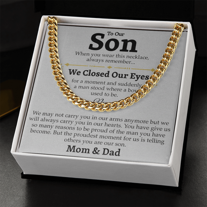 Mom and Dad to Son – Growing Into a Man Necklace Gift