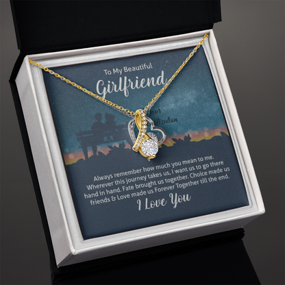 Girlfriend Gift – Alluring Beauty Ribbon Necklace with “To My Beautiful Girlfriend” Message Card (White Gold or 18k Gold)