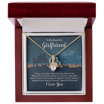 Girlfriend Gift – Alluring Beauty Ribbon Necklace with “To My Beautiful Girlfriend” Message Card (White Gold or 18k Gold)