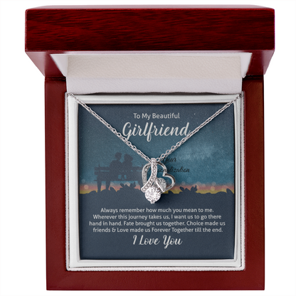 Girlfriend Gift – Alluring Beauty Ribbon Necklace with “To My Beautiful Girlfriend” Message Card (White Gold or 18k Gold)