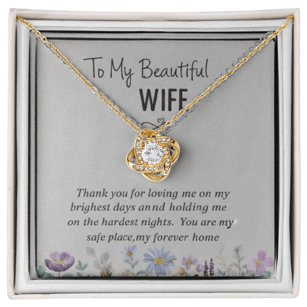 “To My Beautiful Wife” Love Knot Necklace (14k White or 18k Gold)