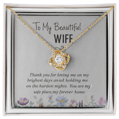 “To My Beautiful Wife” Love Knot Necklace (14k White or 18k Gold)