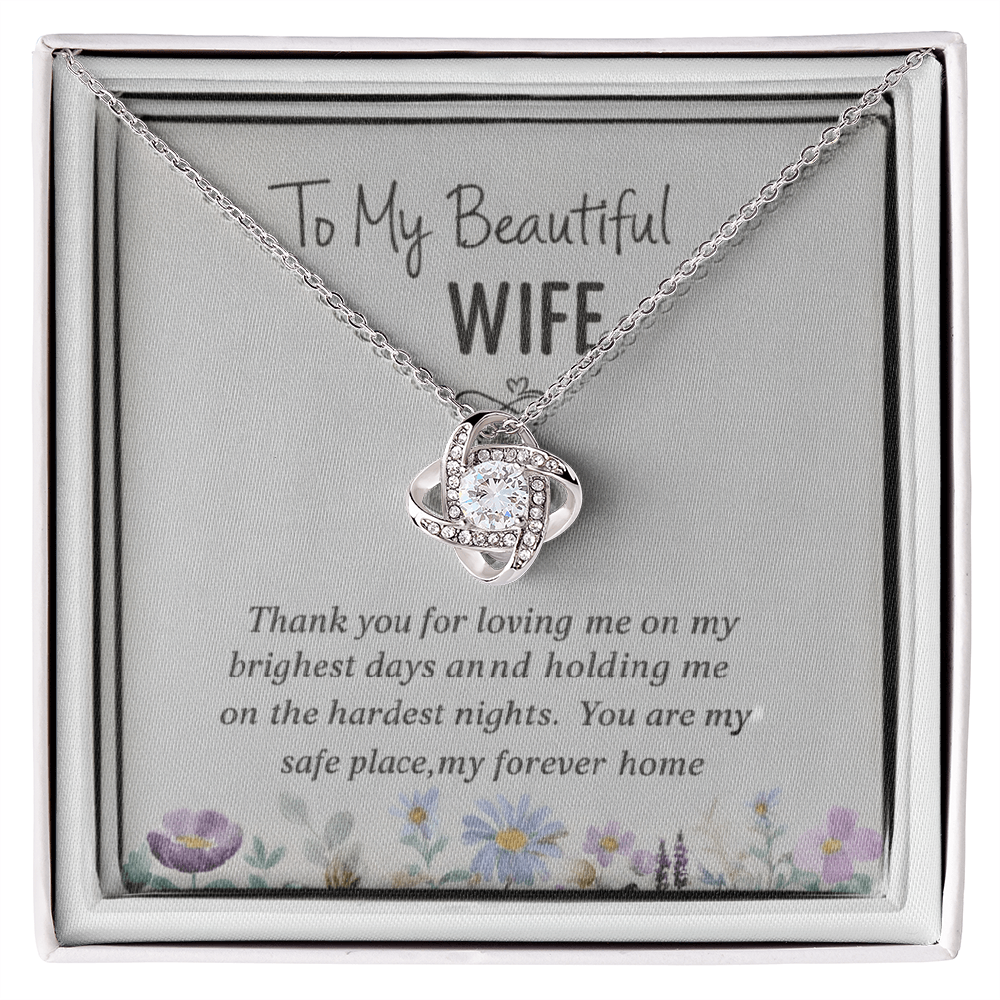 “To My Beautiful Wife” Love Knot Necklace (14k White or 18k Gold)