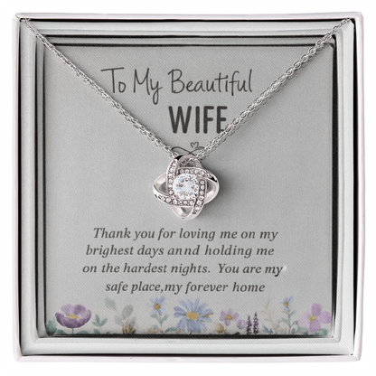“To My Beautiful Wife” Love Knot Necklace (14k White or 18k Gold)