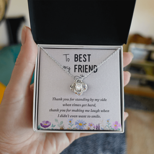 Best Friend Love Knot Necklace – “Thank You for Standing by My Side” Message Card (White Gold or 18k Gold)