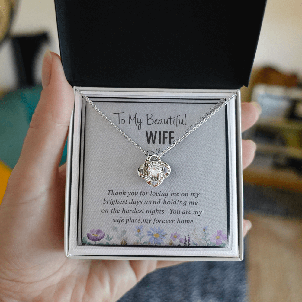 “To My Beautiful Wife” Love Knot Necklace (14k White or 18k Gold)