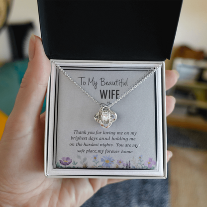 “To My Beautiful Wife” Love Knot Necklace (14k White or 18k Gold)
