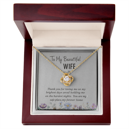 “To My Beautiful Wife” Love Knot Necklace (14k White or 18k Gold)
