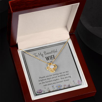 “To My Beautiful Wife” Love Knot Necklace (14k White or 18k Gold)
