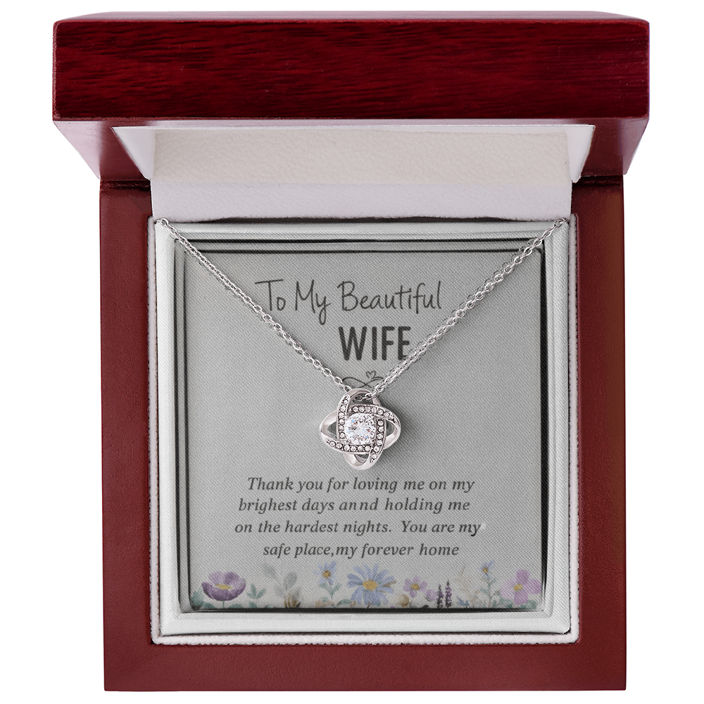 “To My Beautiful Wife” Love Knot Necklace (14k White or 18k Gold)