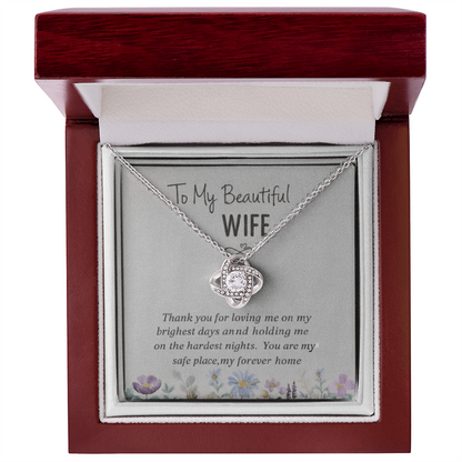 “To My Beautiful Wife” Love Knot Necklace (14k White or 18k Gold)