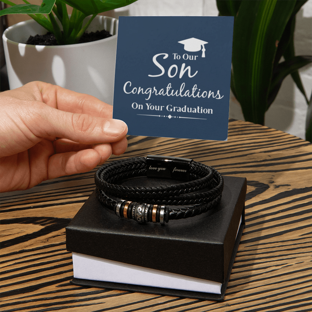 To Our Son—Graduation “Love You Forever” Bracelet | Engraved Stainless Steel & Vegan Leather