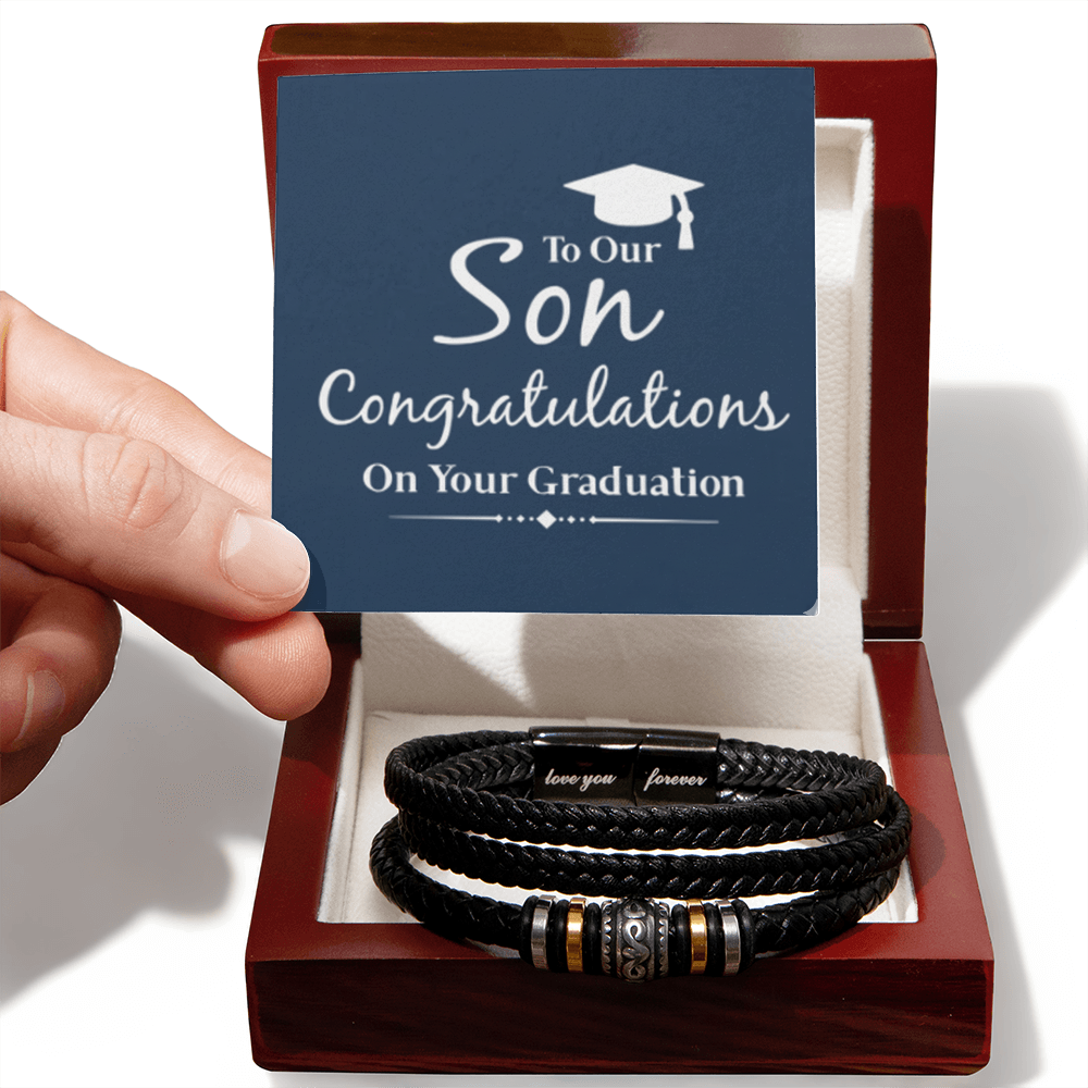 To Our Son—Graduation “Love You Forever” Bracelet | Engraved Stainless Steel & Vegan Leather