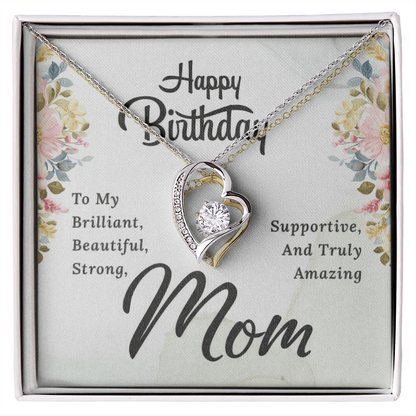 Mom Birthday Necklace – Forever Love Heart Pendant with Message Card (White Gold or 18k Gold)
