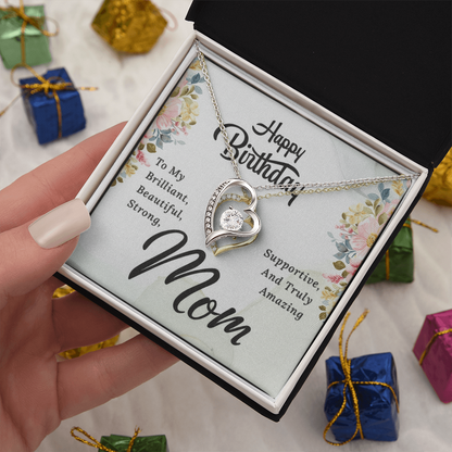 Mom Birthday Necklace – Forever Love Heart Pendant with Message Card (White Gold or 18k Gold)