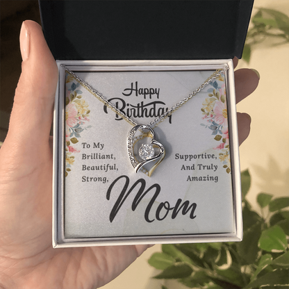 Mom Birthday Necklace – Forever Love Heart Pendant with Message Card (White Gold or 18k Gold)