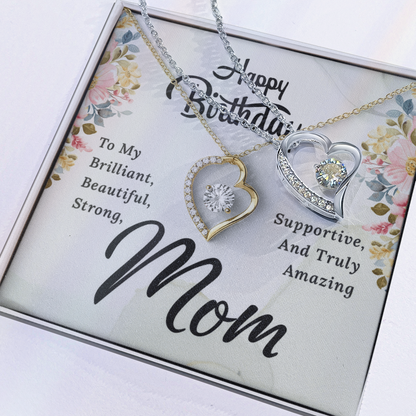 Mom Birthday Necklace – Forever Love Heart Pendant with Message Card (White Gold or 18k Gold)
