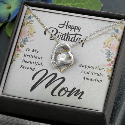 Mom Birthday Necklace – Forever Love Heart Pendant with Message Card (White Gold or 18k Gold)
