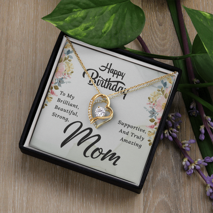 Mom Birthday Necklace – Forever Love Heart Pendant with Message Card (White Gold or 18k Gold)