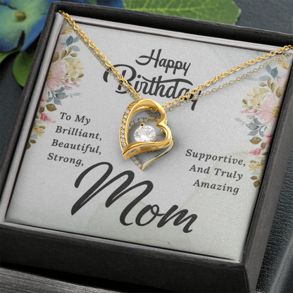 Mom Birthday Necklace – Forever Love Heart Pendant with Message Card (White Gold or 18k Gold)